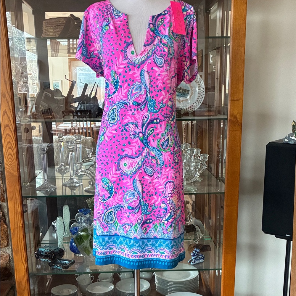 Lilly Pulitzer Pink Paisley Shift Dress with Blue Accents XL